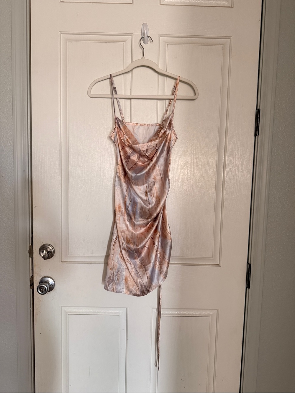 Satin Cowl Mini Dress in Peach Marble Print